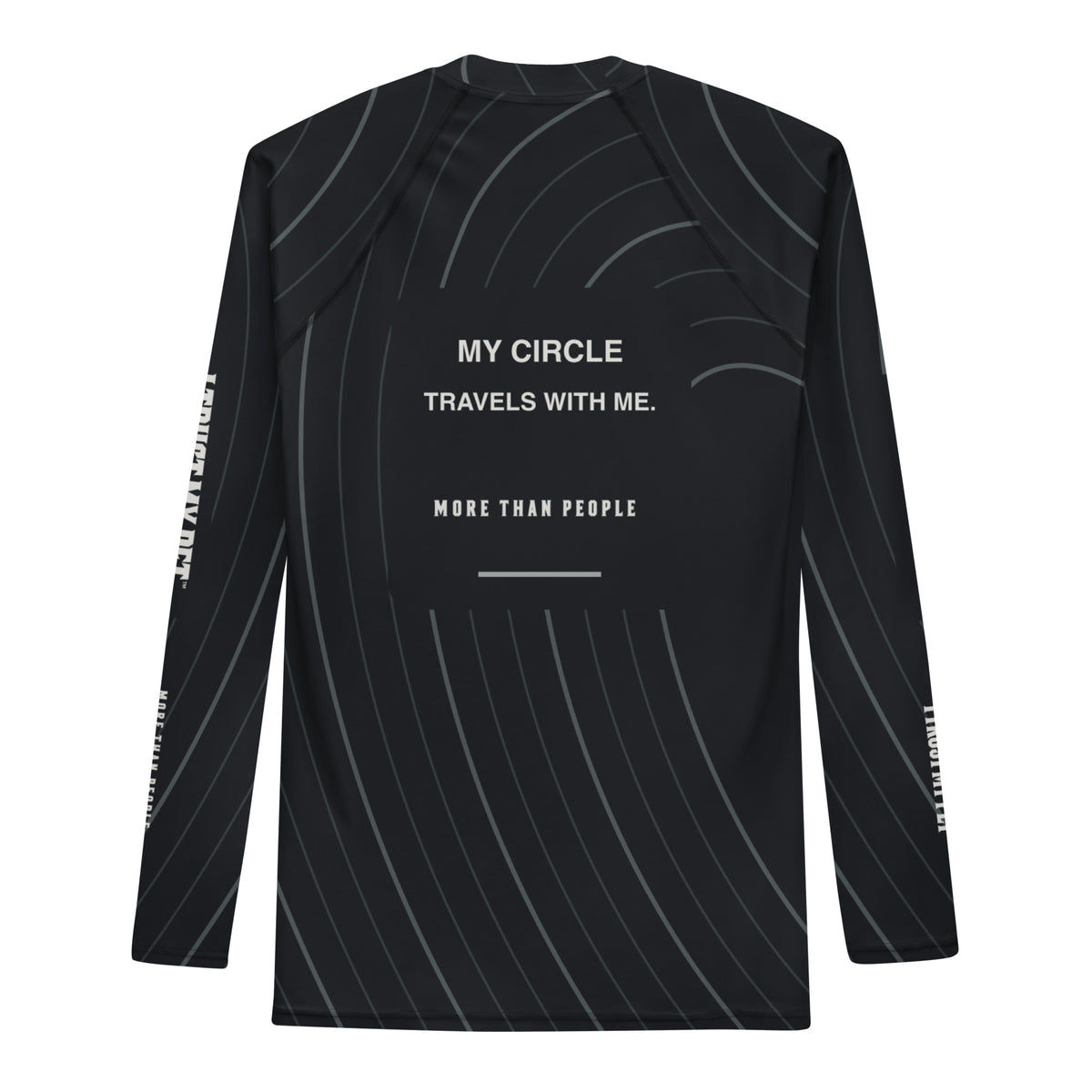 Back of the I Trust My Pet™ Deep Current men’s long-sleeve rash guard, with My circle travels with me text, More than people detail and charcoal contour lines.
