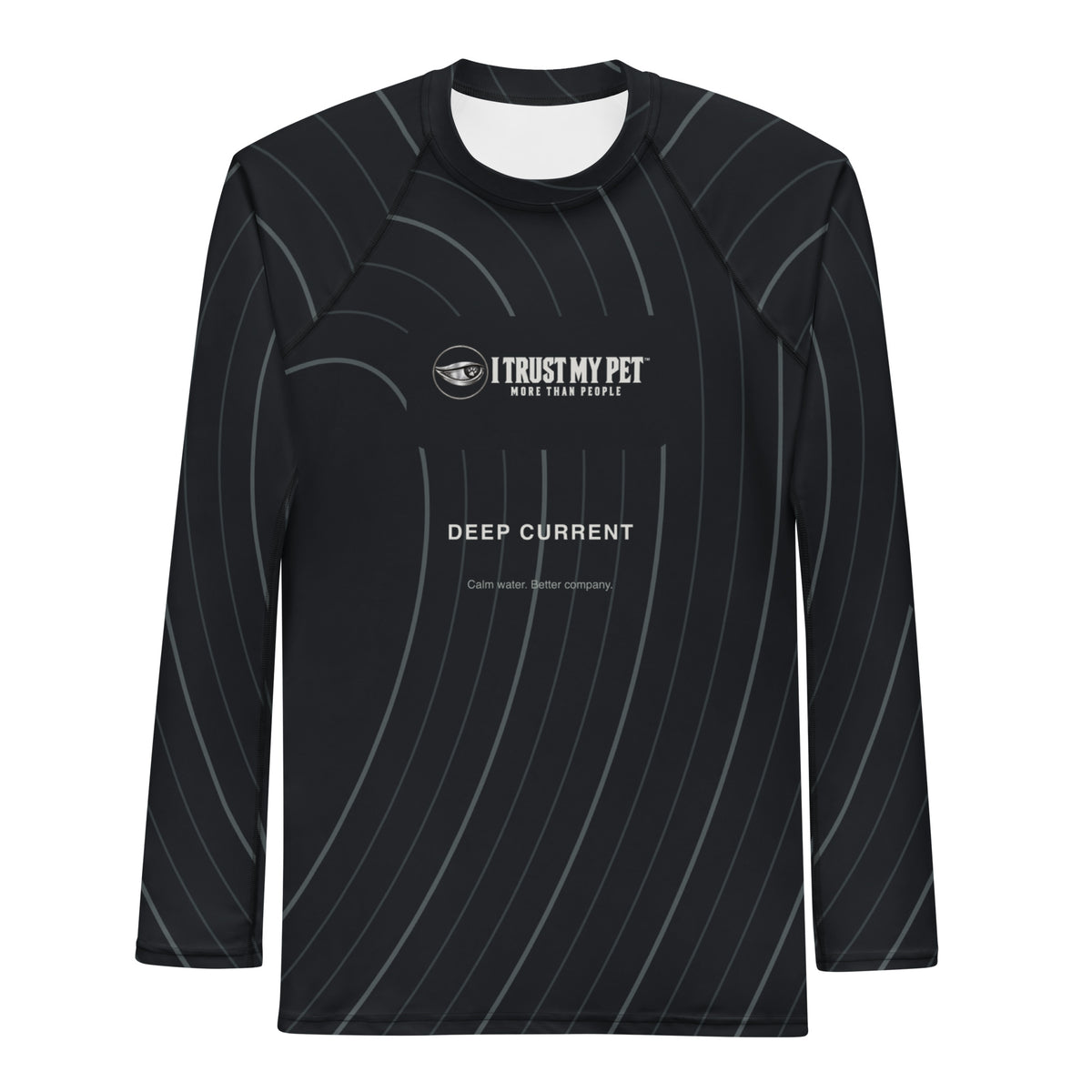 Front of the I Trust My Pet™ Deep Current men’s long-sleeve rash guard, with the complete logo on a black-and-charcoal contour design and fully printed sleeves.
