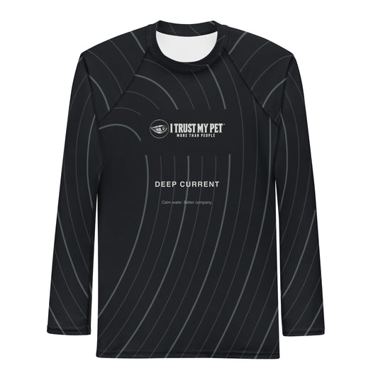 Front of the I Trust My Pet™ Deep Current men’s long-sleeve rash guard, with the complete logo on a black-and-charcoal contour design and fully printed sleeves.