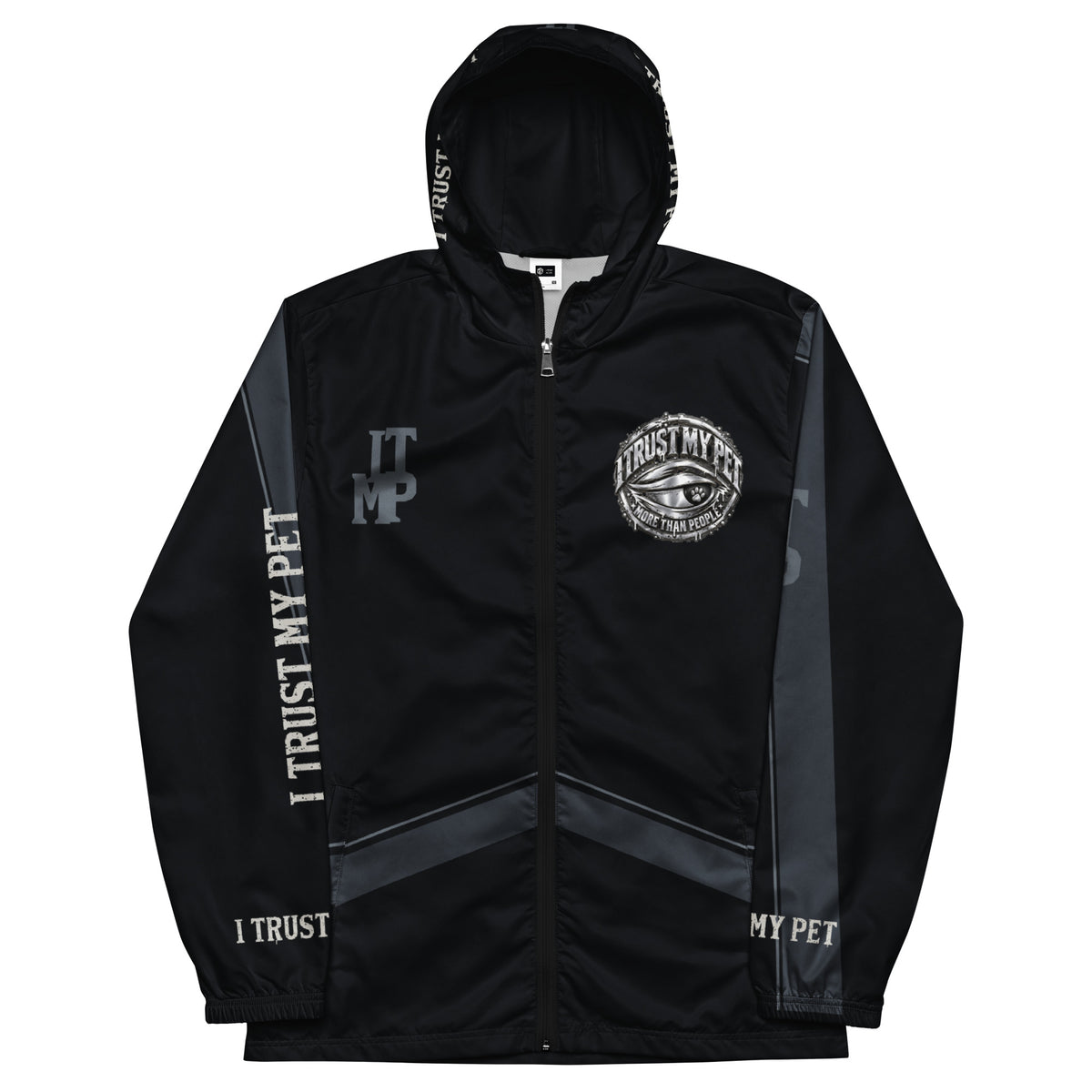 I Trust My Pet™ Nightwatch black windbreaker, zipped front with complete original crest and charcoal sleeve details