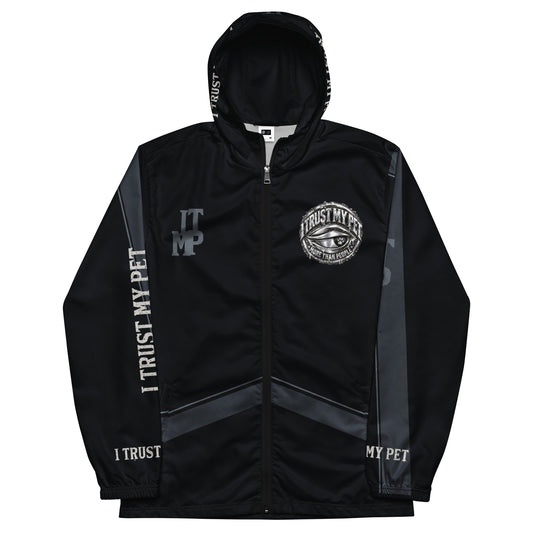 I Trust My Pet™ Nightwatch black windbreaker, zipped front with complete original crest and charcoal sleeve details