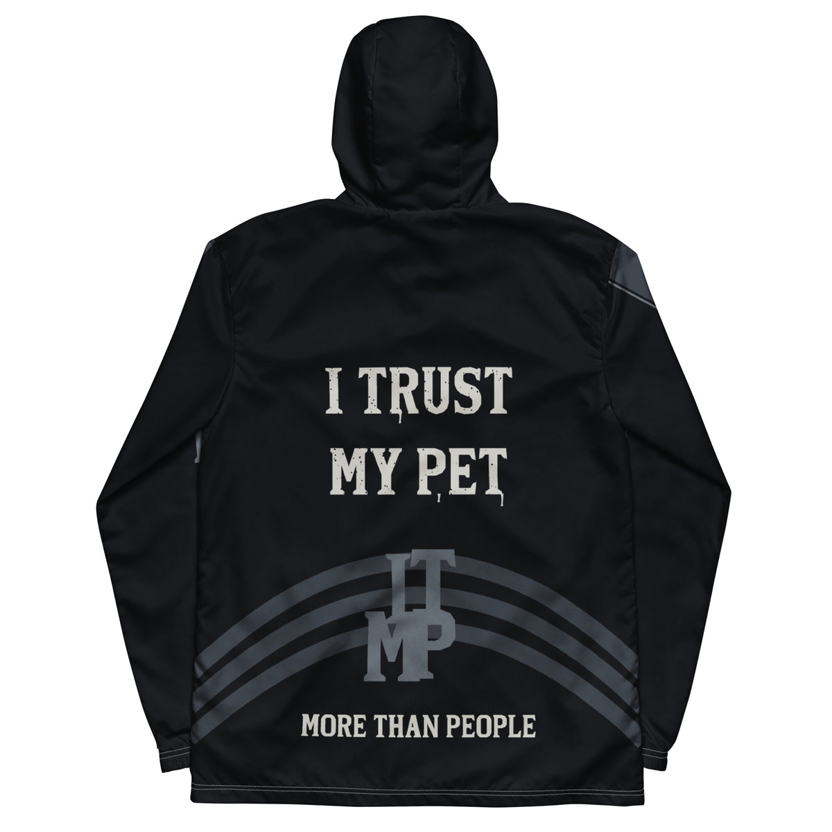 Back of I Trust My Pet™ Nightwatch windbreaker with white trim, original monogram and More Than People slogan