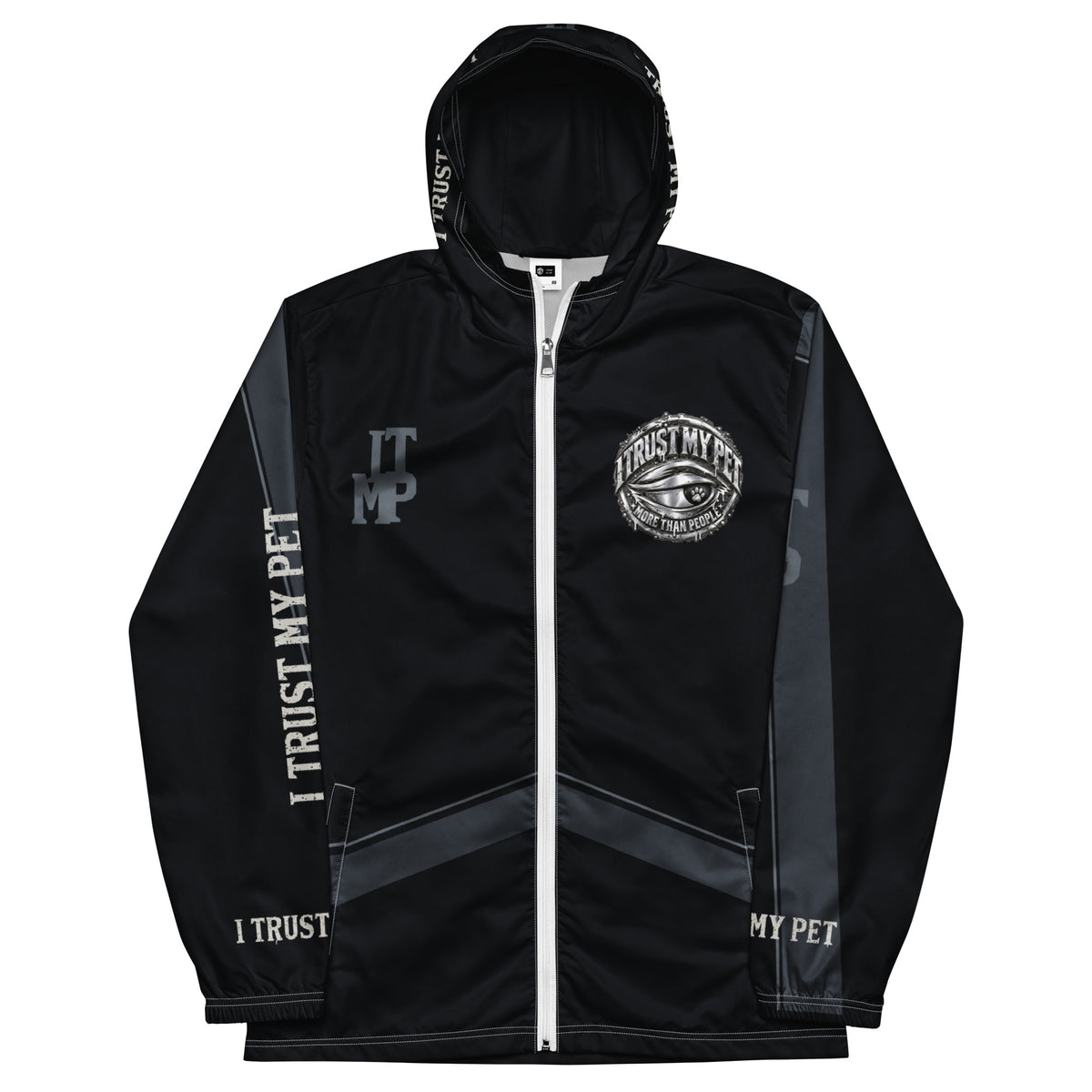 I Trust My Pet™ Nightwatch black printed windbreaker with white zipper trim and complete original crest