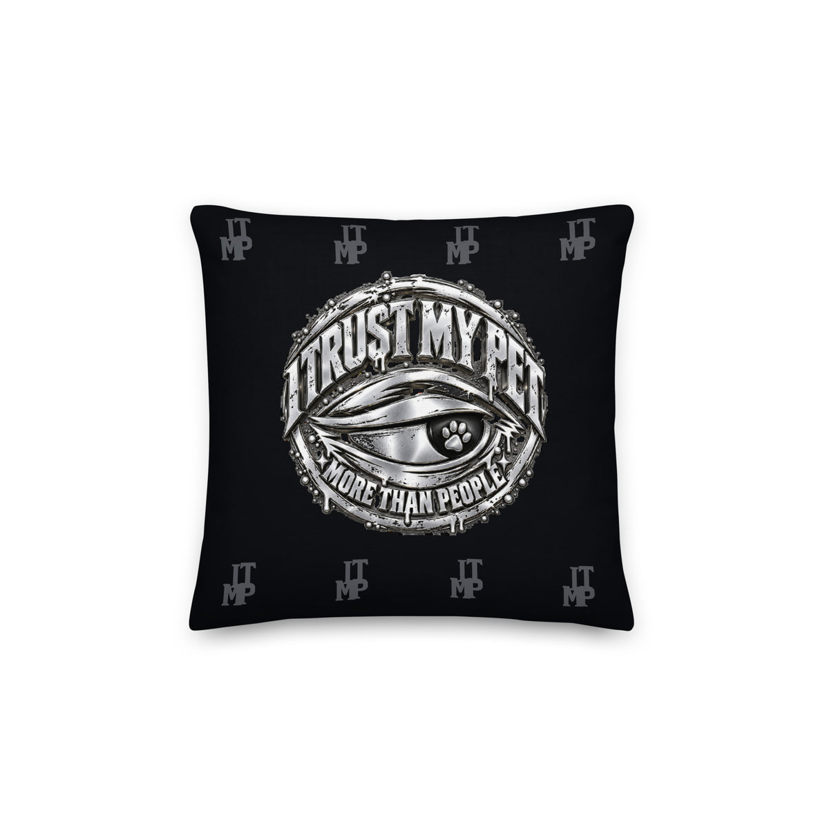 I Trust My Pet™ Preferred Company black monogram throw pillow, 14 by 14 inches, front with original silver-look crest