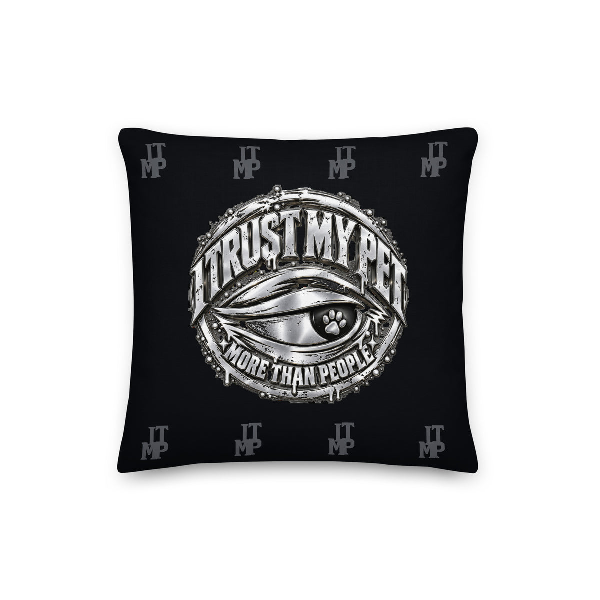 I Trust My Pet™ Preferred Company black monogram throw pillow, 16 by 16 inches, front with original silver-look crest