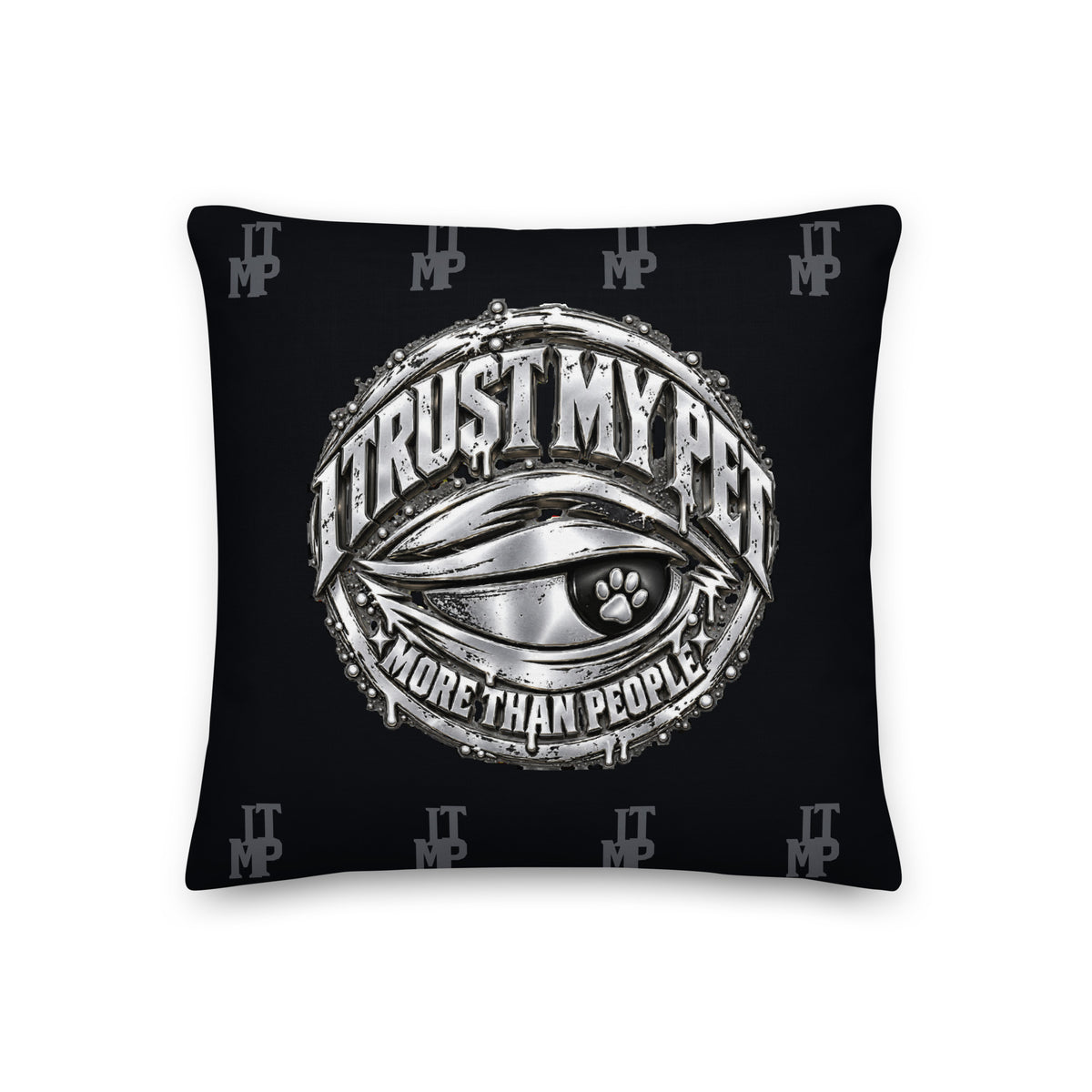 I Trust My Pet™ Preferred Company black monogram throw pillow, 18 by 18 inches, front with original silver-look crest