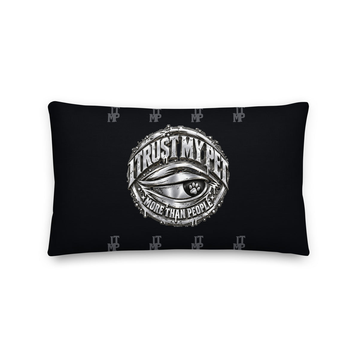 I Trust My Pet™ Preferred Company black monogram throw pillow, 20 by 12 inches, front with original silver-look crest