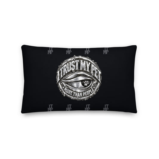 I Trust My Pet™ Preferred Company black monogram throw pillow, 20 by 12 inches, front with original silver-look crest