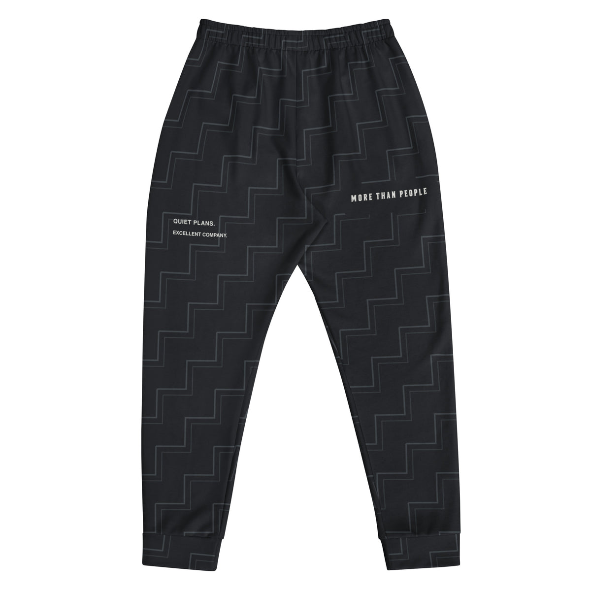 I Trust My Pet™ Quiet Company black-and-charcoal men’s joggers, back view showing More than people and Quiet plans, excellent company details, shown without a model.