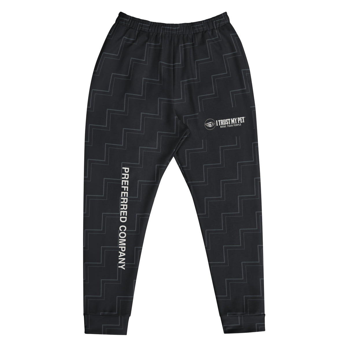 I Trust My Pet™ Quiet Company black-and-charcoal men’s joggers, front view with the complete logo on the left thigh and Preferred Company on the right leg, shown without a model.