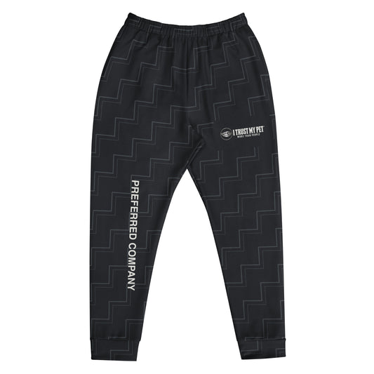 I Trust My Pet™ Quiet Company black-and-charcoal men’s joggers, front view with the complete logo on the left thigh and Preferred Company on the right leg, shown without a model.