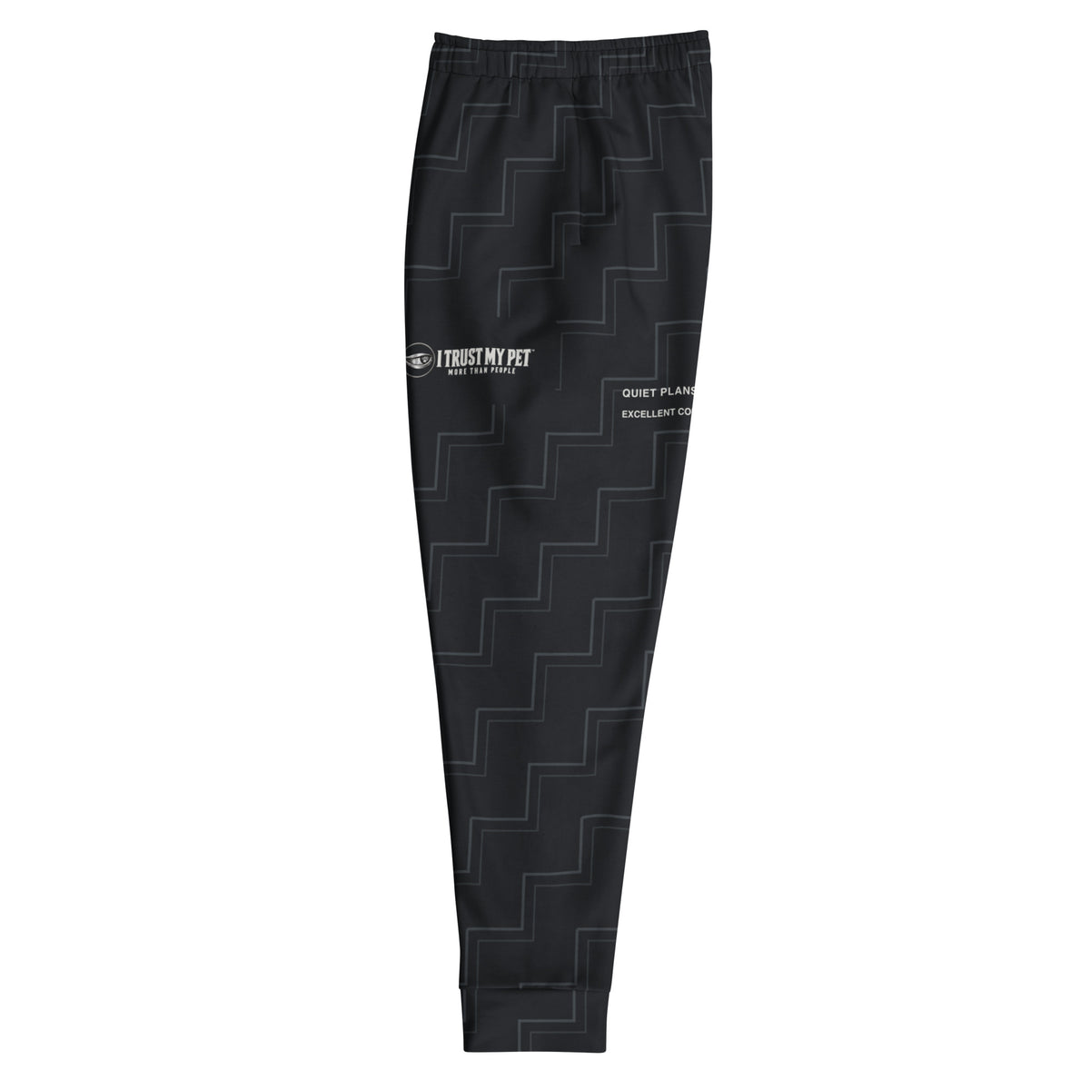 I Trust My Pet™ Quiet Company black-and-charcoal men’s joggers, left-side view of the complete signature and charcoal rising pattern, shown without a model.