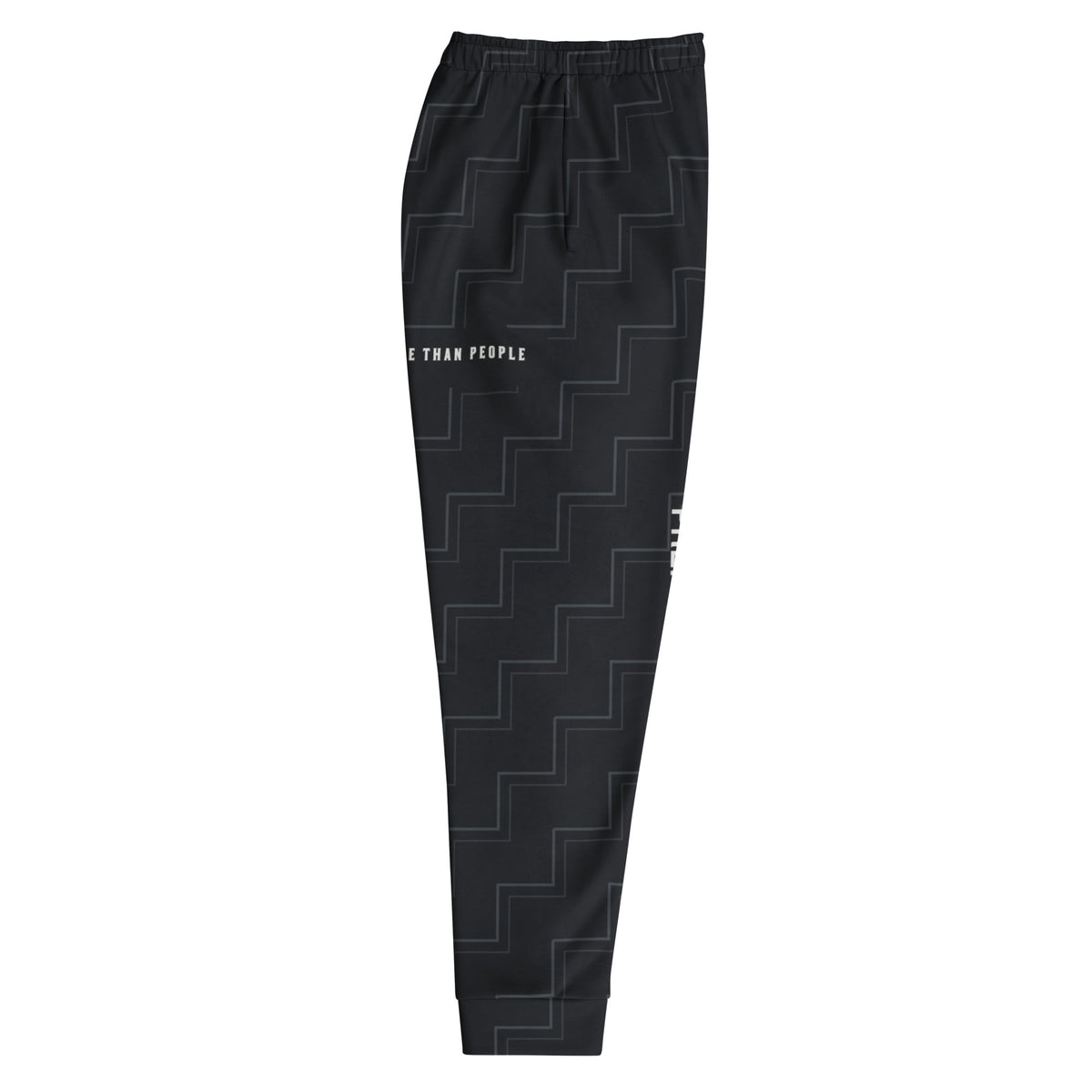 I Trust My Pet™ Quiet Company black-and-charcoal men’s joggers, right-side view with the vertical Preferred Company accent, shown without a model.