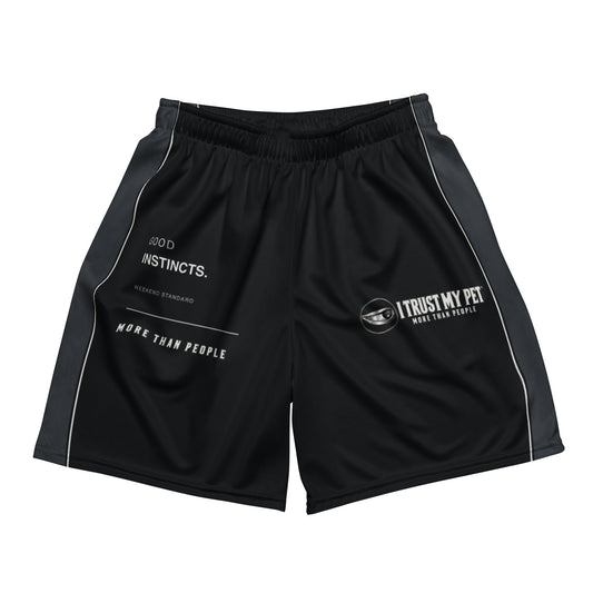 Black Weekend Standard recycled mesh shorts, front with complete I Trust My Pet™ logo and white side accents, product-only view.