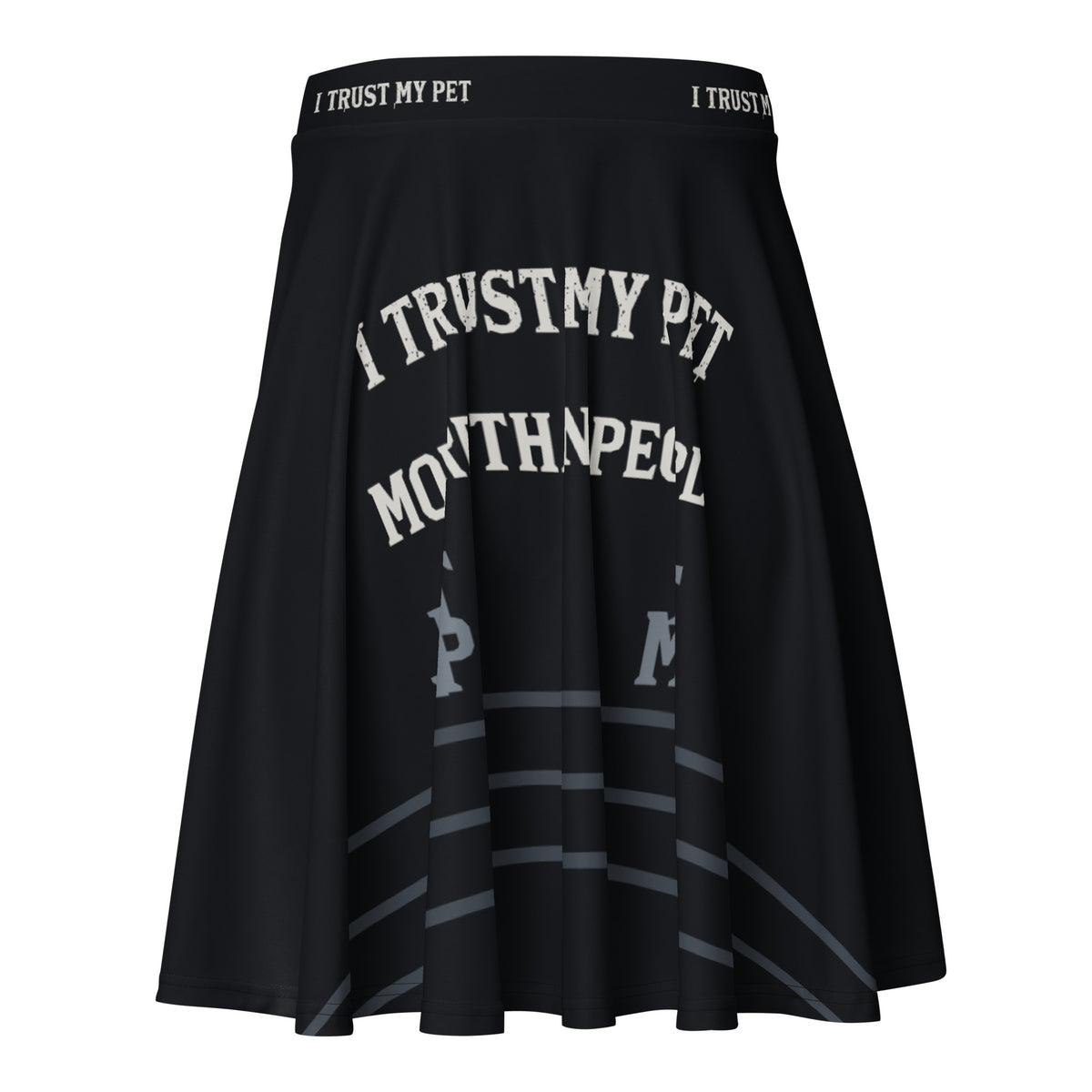 Shaped back view of I Trust My Pet™ Signature Rise black skirt with matte More Than People lettering and original monograms