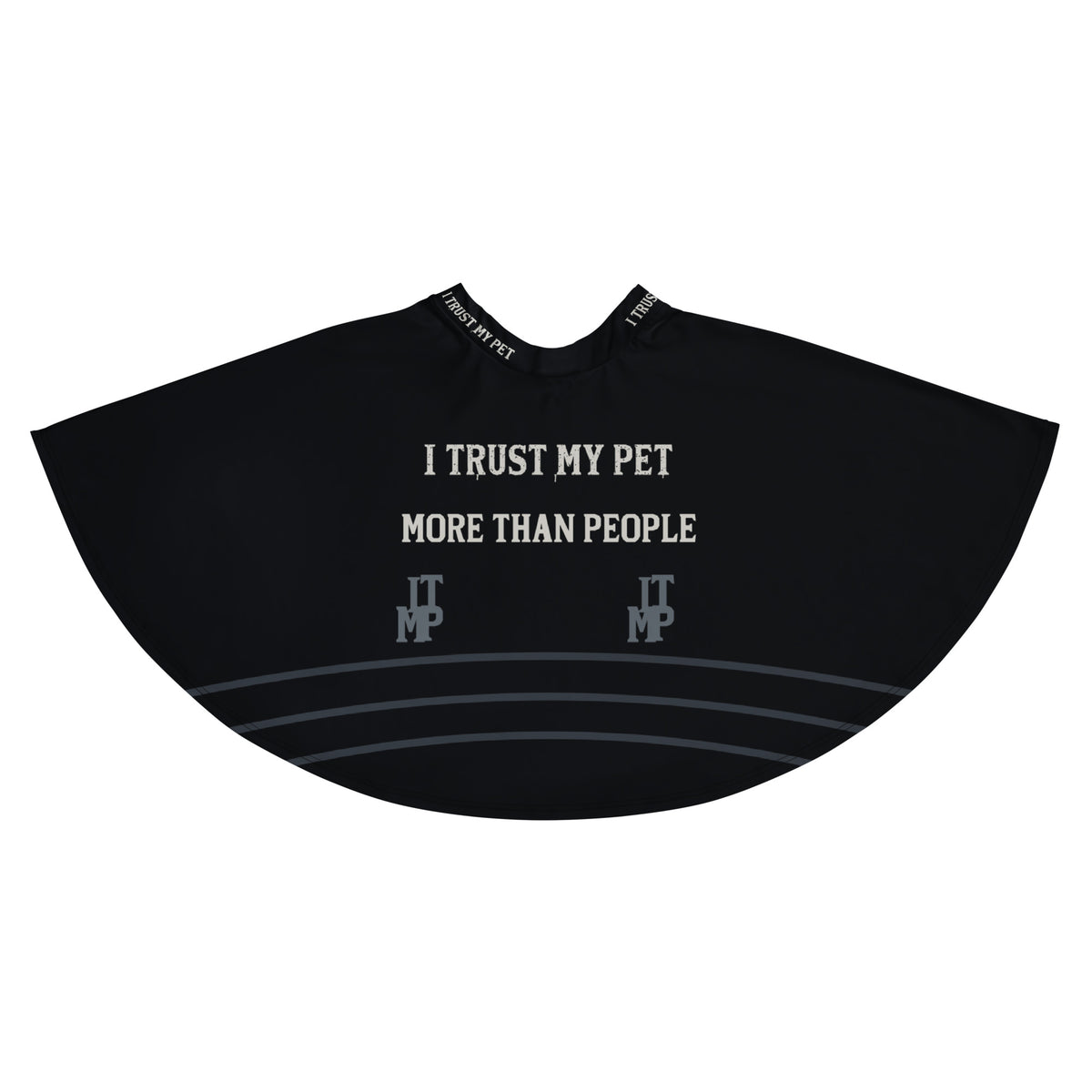 I Trust My Pet™ Signature Rise black skirt laid flat, back with More Than People slogan and original monograms