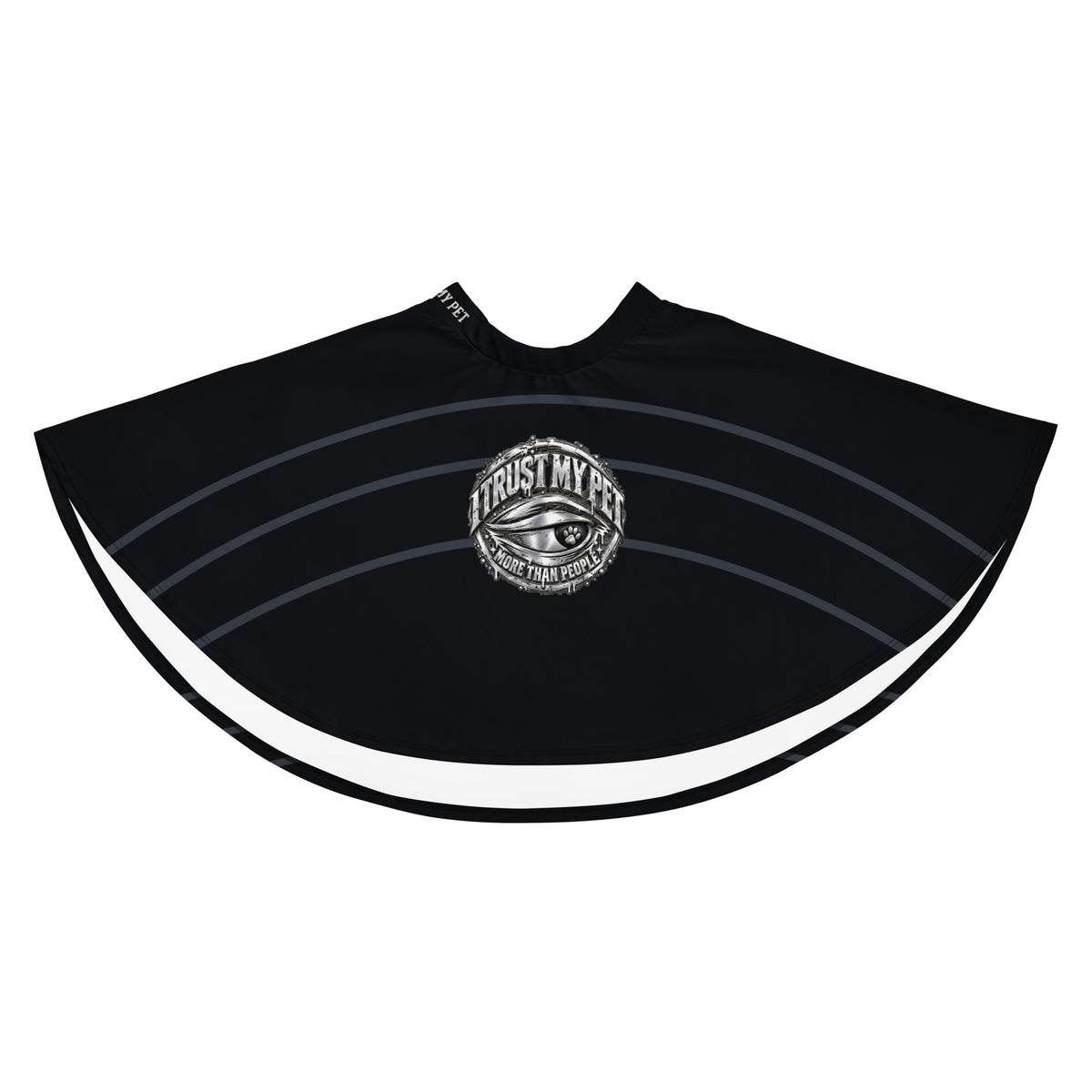 I Trust My Pet™ Signature Rise black skater skirt laid flat, front with complete crest and rising charcoal arches
