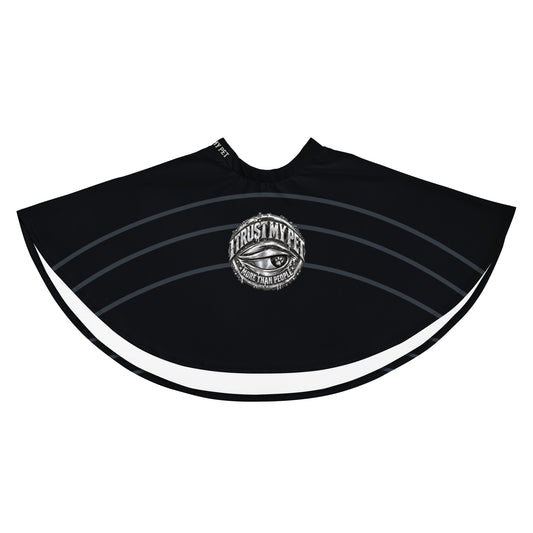 I Trust My Pet™ Signature Rise black skater skirt laid flat, front with complete crest and rising charcoal arches