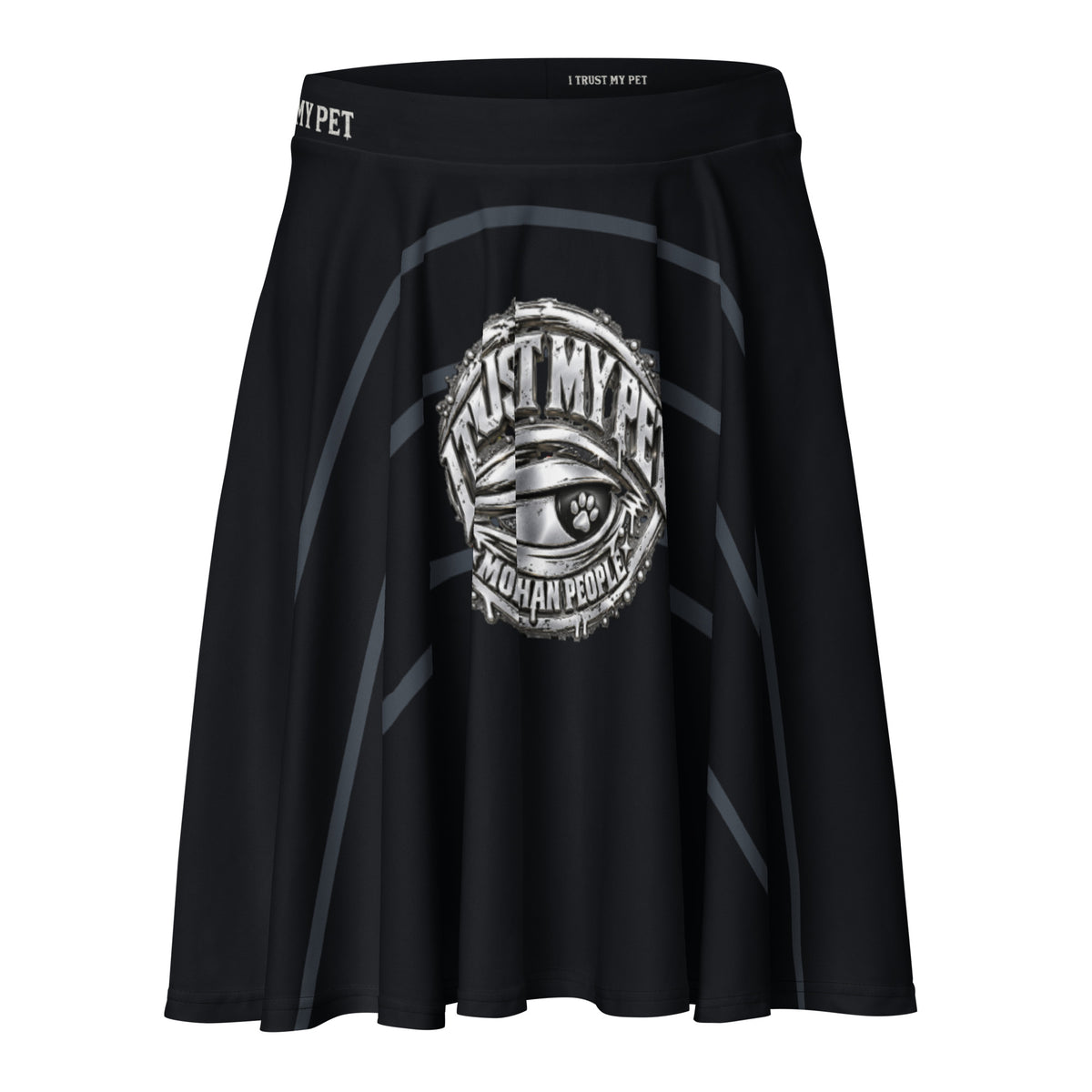 Shaped front view of I Trust My Pet™ Signature Rise black skater skirt with the complete original crest