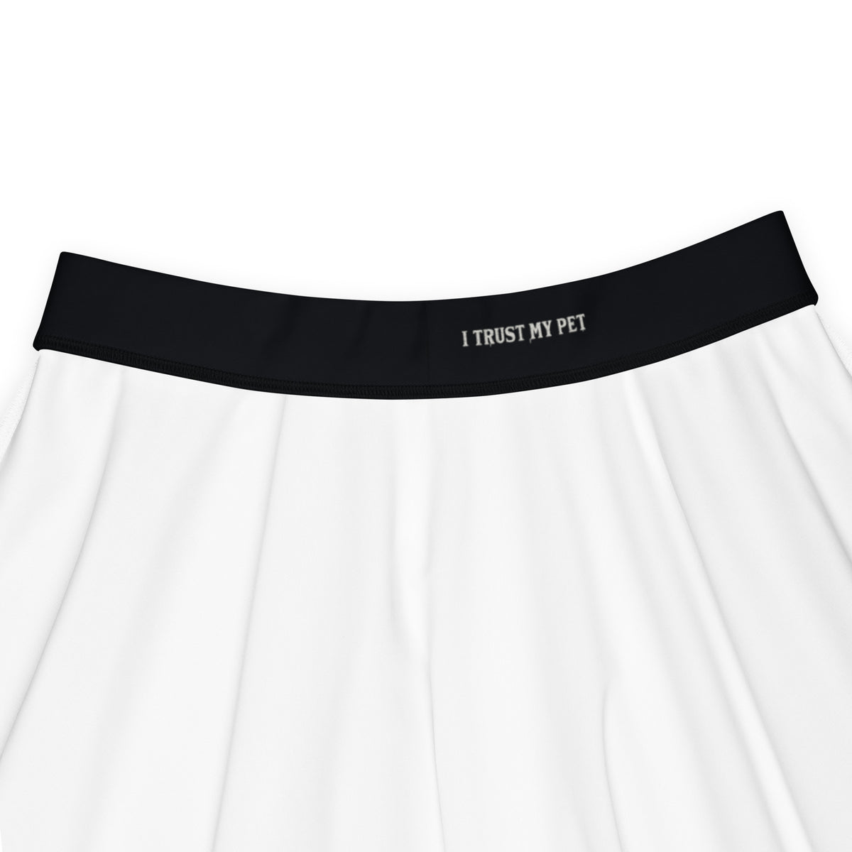 Inside view of I Trust My Pet™ Signature Rise skater skirt showing the branded black waistband