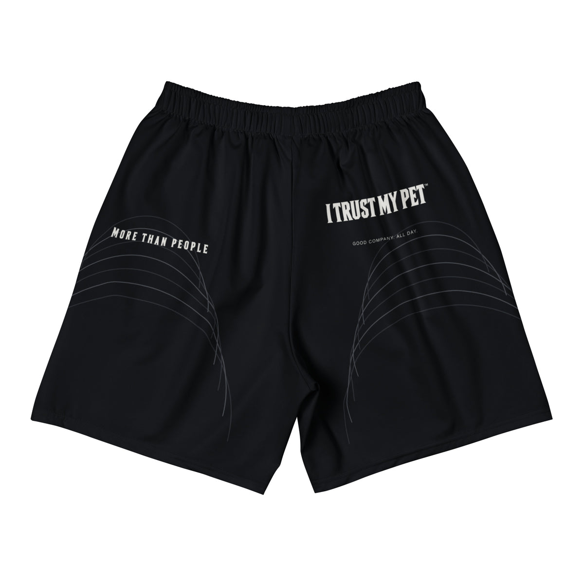 Black I Trust My Pet™ Courtside stretch athletic shorts, back flat lay with distinct brand lettering, Good company message and curved graphic accents
