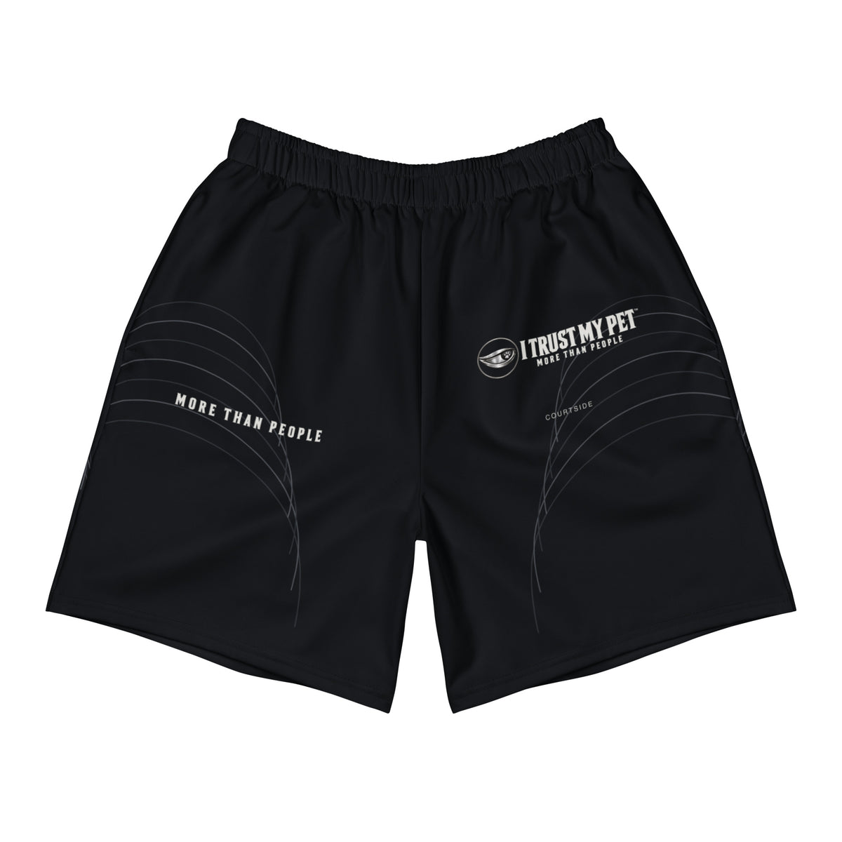 Black I Trust My Pet™ Courtside athletic long shorts, front flat lay with complete logo, More than people lettering and rising curved accents