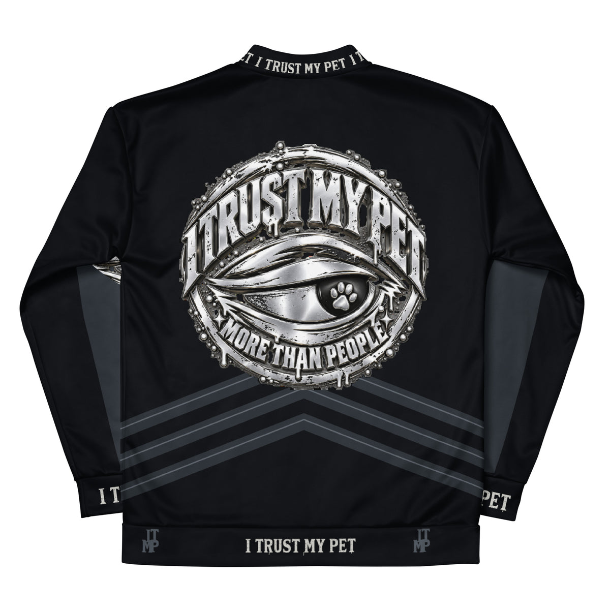 Back of I Trust My Pet™ Nightwatch black bomber jacket with large original silver-look crest and rising charcoal accents