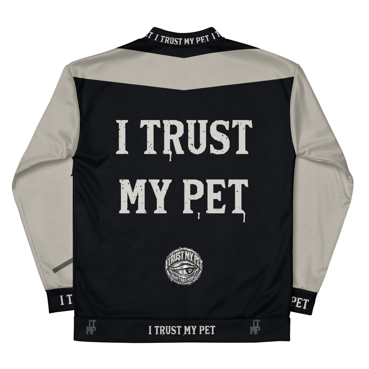 Back of I Trust My Pet™ Signal Varsity bomber jacket with bold distressed lettering, stone sleeves and original crest