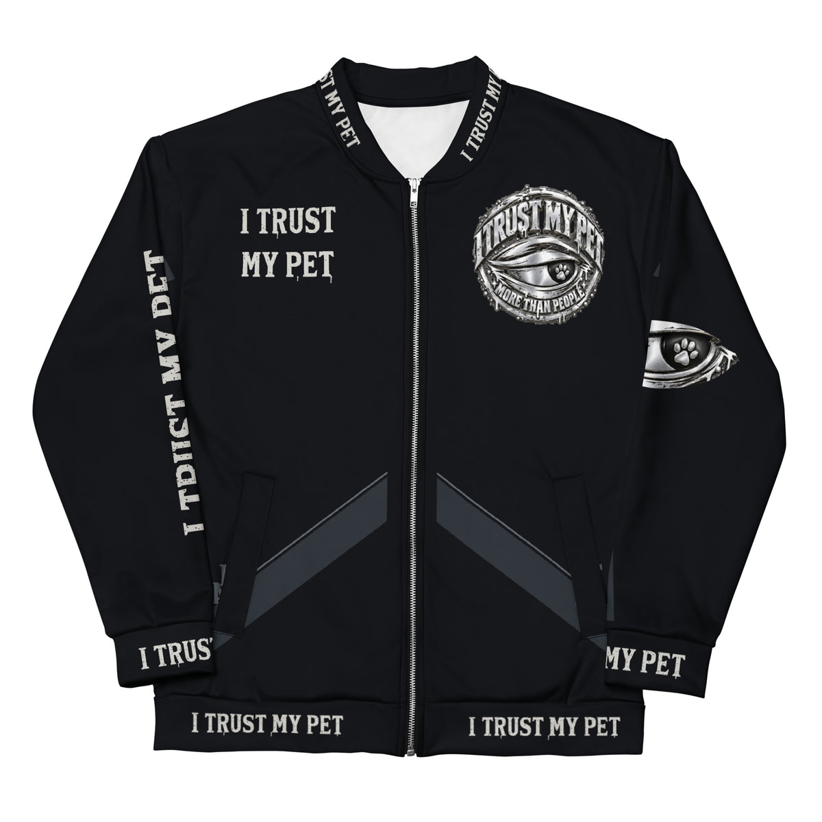 I Trust My Pet™ Nightwatch black bomber jacket laid flat, front crest, sleeve art and branded collar and cuffs