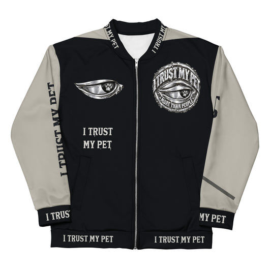 I Trust My Pet™ Signal Varsity black-and-stone bomber jacket laid flat with original crest, eye artwork and branded collar and cuffs