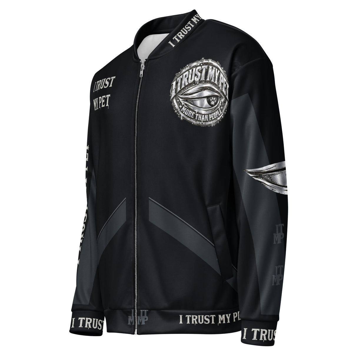 I Trust My Pet™ Nightwatch black bomber jacket, angled front and left sleeve with original eye-and-paw artwork