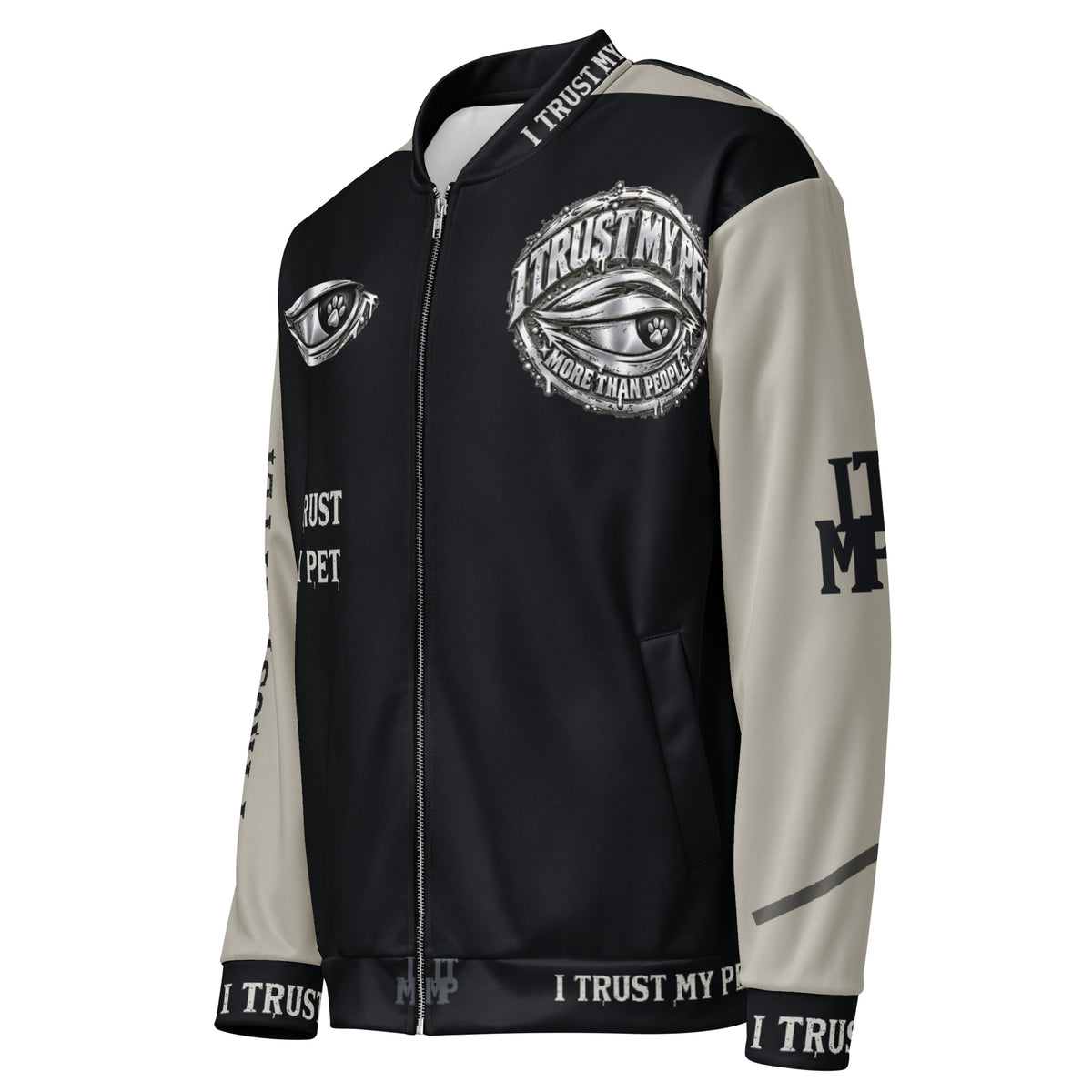 I Trust My Pet™ Signal Varsity bomber jacket, angled front and stone left sleeve with black monogram