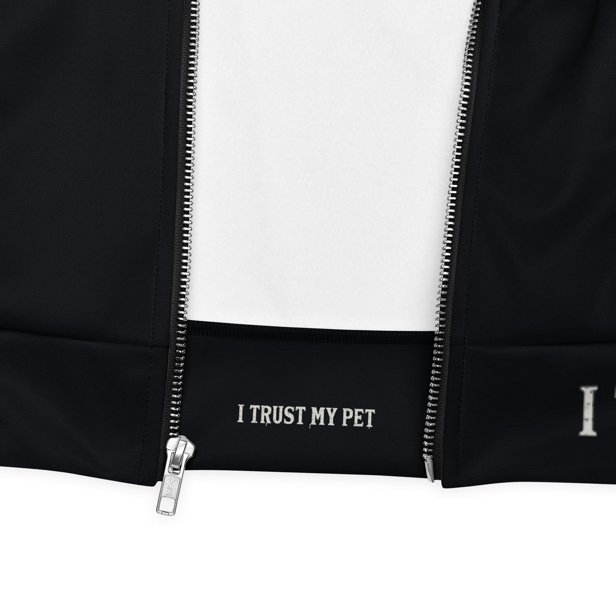 I Trust My Pet™ Signal Varsity bomber jacket inside hem with a single brand label and silver zipper
