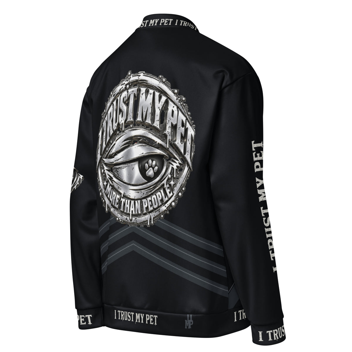 I Trust My Pet™ Nightwatch black bomber jacket, angled back and right sleeve with distressed brand lettering