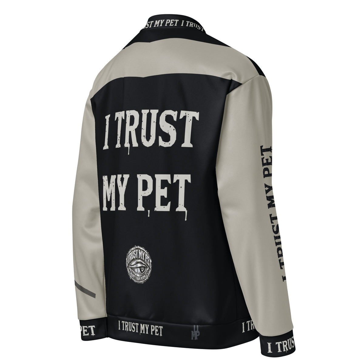 I Trust My Pet™ Signal Varsity bomber jacket, angled back and stone right sleeve with distressed brand lettering