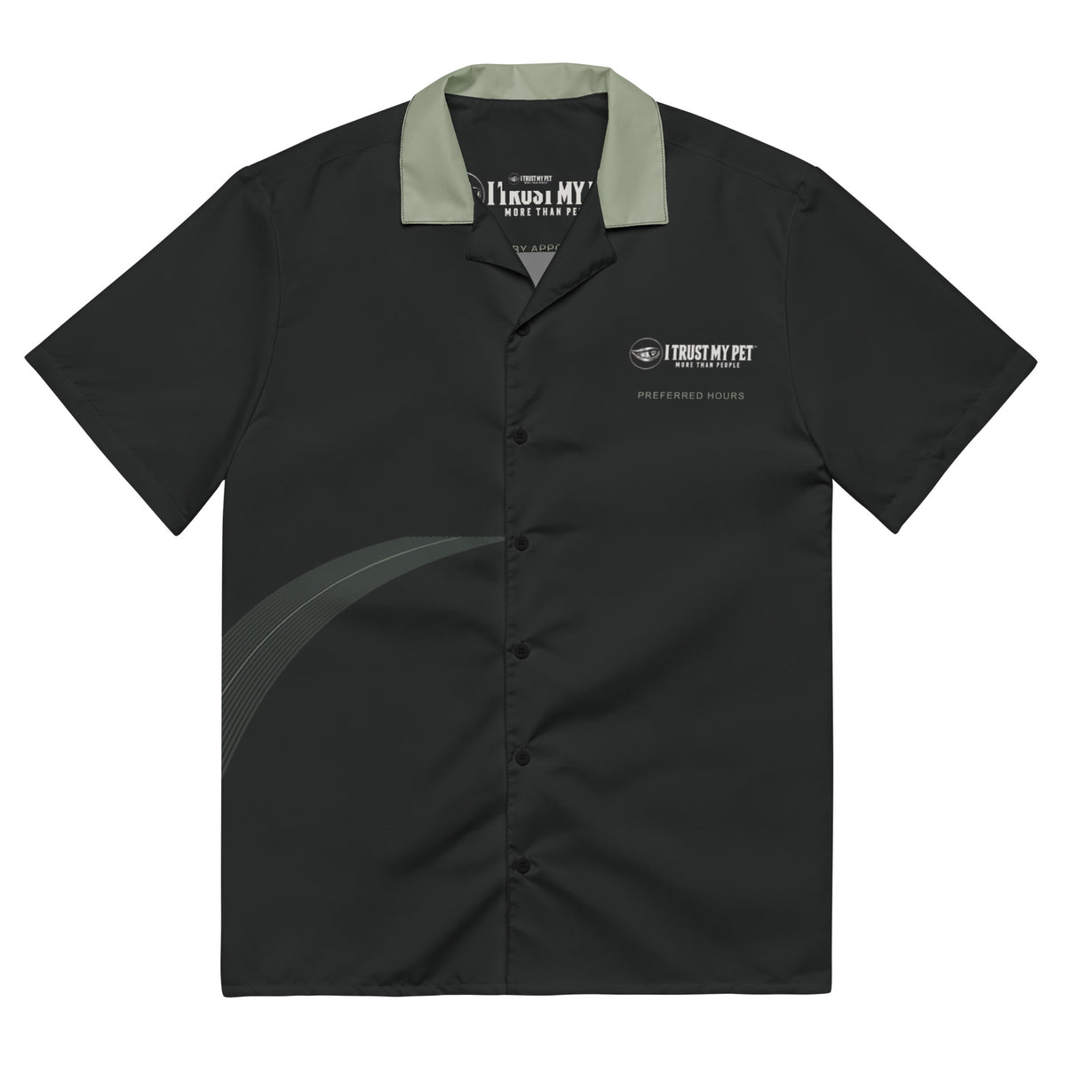 Front of the I Trust My Pet™ Preferred Hours black button shirt with sage collar, full white chest logo and flowing charcoal artwork