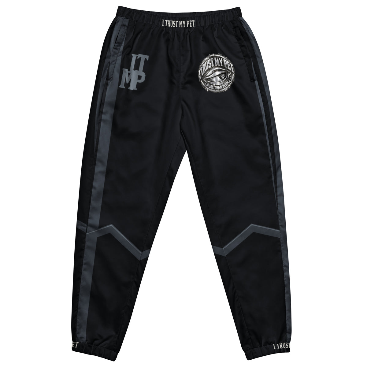 Black I Trust My Pet™ Nightwatch zip-pocket track pants, front with original crest, ITMP monogram and charcoal rising accents