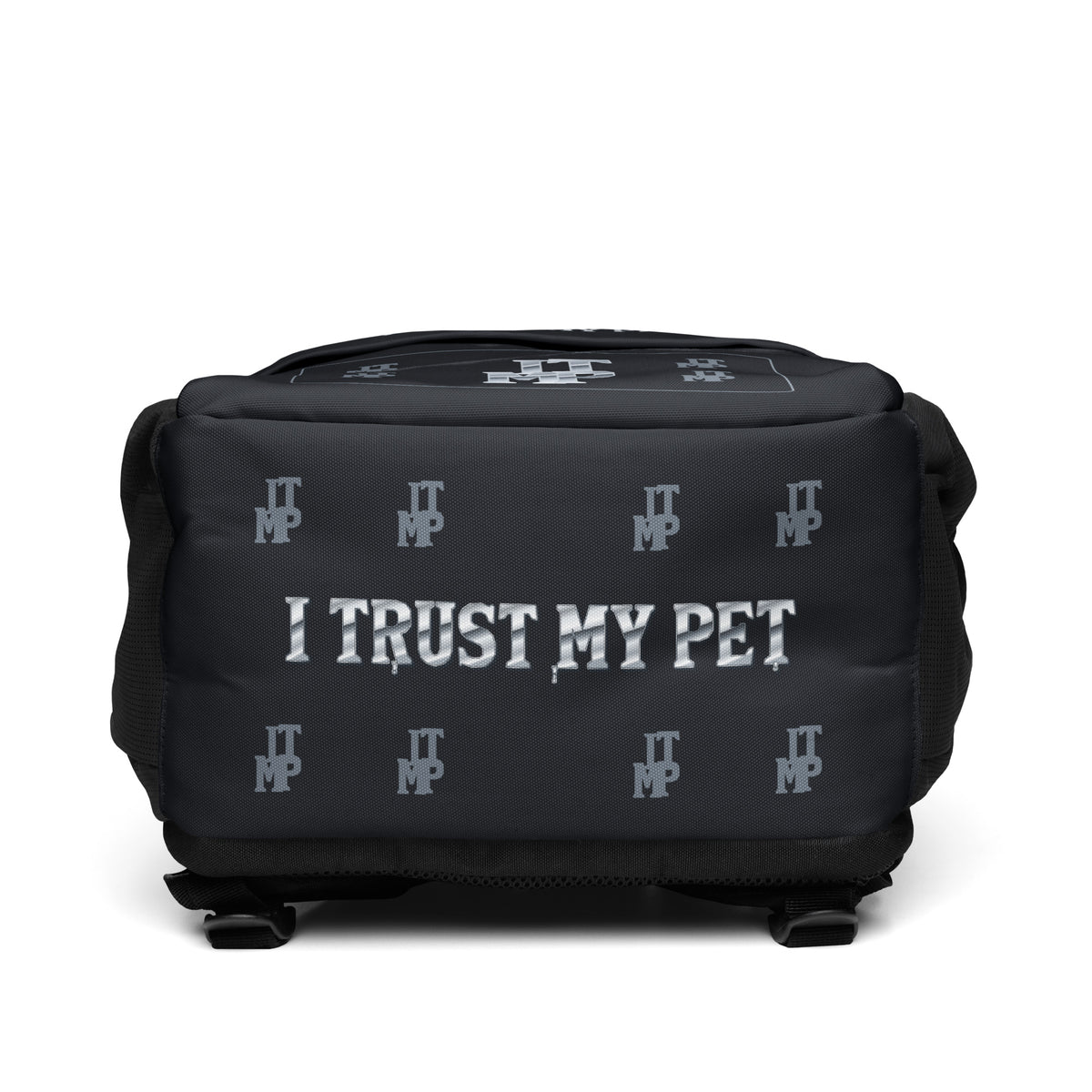 Black I Trust My Pet™ Silver Signature Utility Backpack with black trim, bottom view with custom silver-look lettering and charcoal ITMP motifs