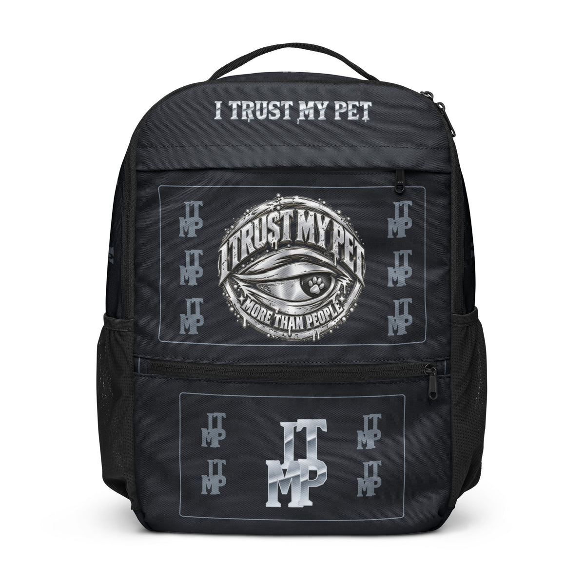 Black I Trust My Pet™ Silver Signature Utility Backpack with black trim, front view with the complete original silver-look eye crest, custom lettering and silver-look ITMP lower-pocket accent