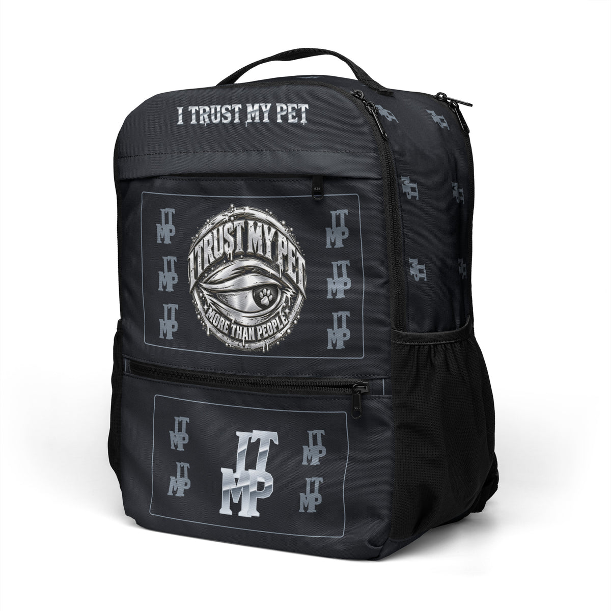 Black I Trust My Pet™ Silver Signature Utility Backpack with black trim, angled front view showing the original silver-look crest and left-side monogram detail