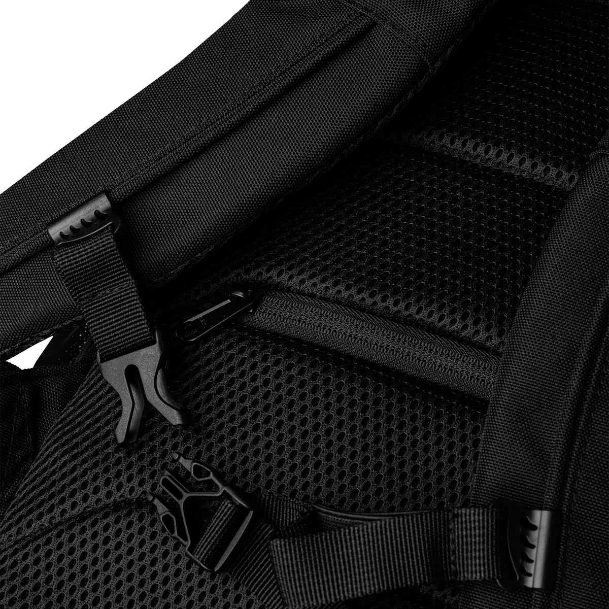 Black I Trust My Pet™ Silver Signature Utility Backpack with white trim, close-up of the mesh back padding and adjustable straps