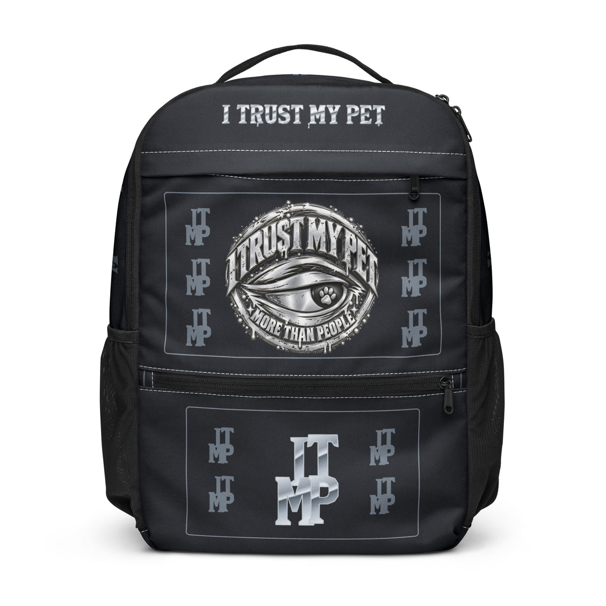 Black I Trust My Pet™ Silver Signature Utility Backpack with white trim, front view with the complete original silver-look eye crest, custom lettering and silver-look ITMP lower-pocket accent