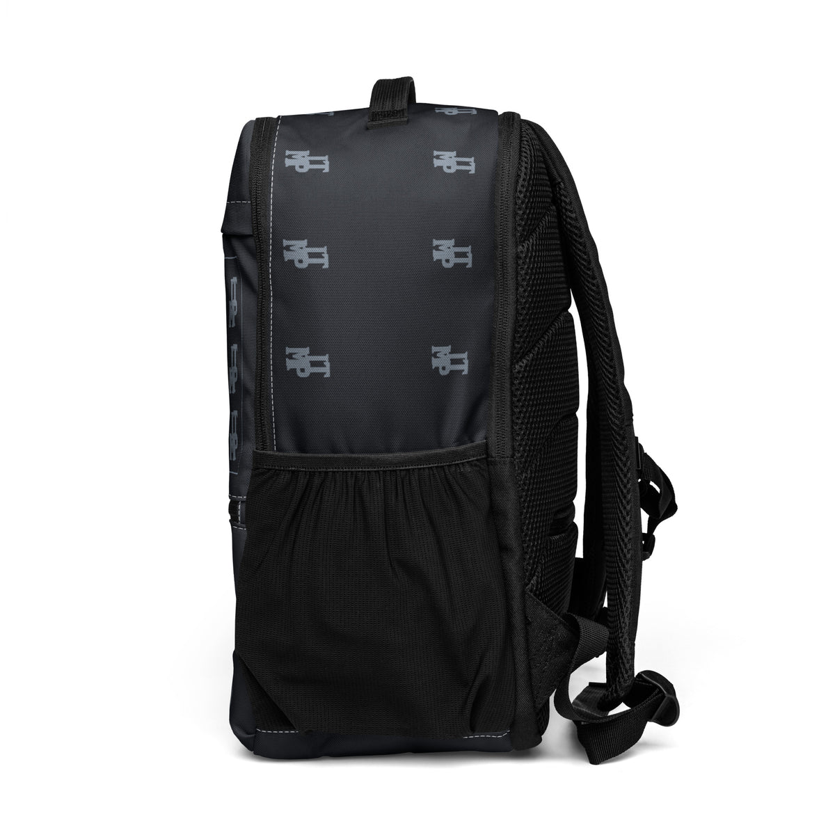 Black I Trust My Pet™ Silver Signature Utility Backpack with white trim, left-side view with charcoal monograms and a mesh pocket
