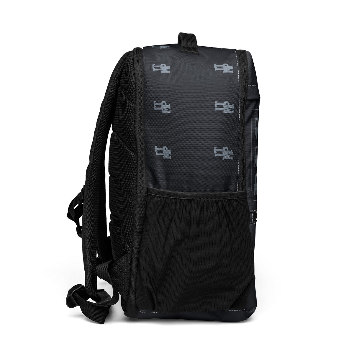Black I Trust My Pet™ Silver Signature Utility Backpack with white trim, right-side view with charcoal monograms and a mesh pocket