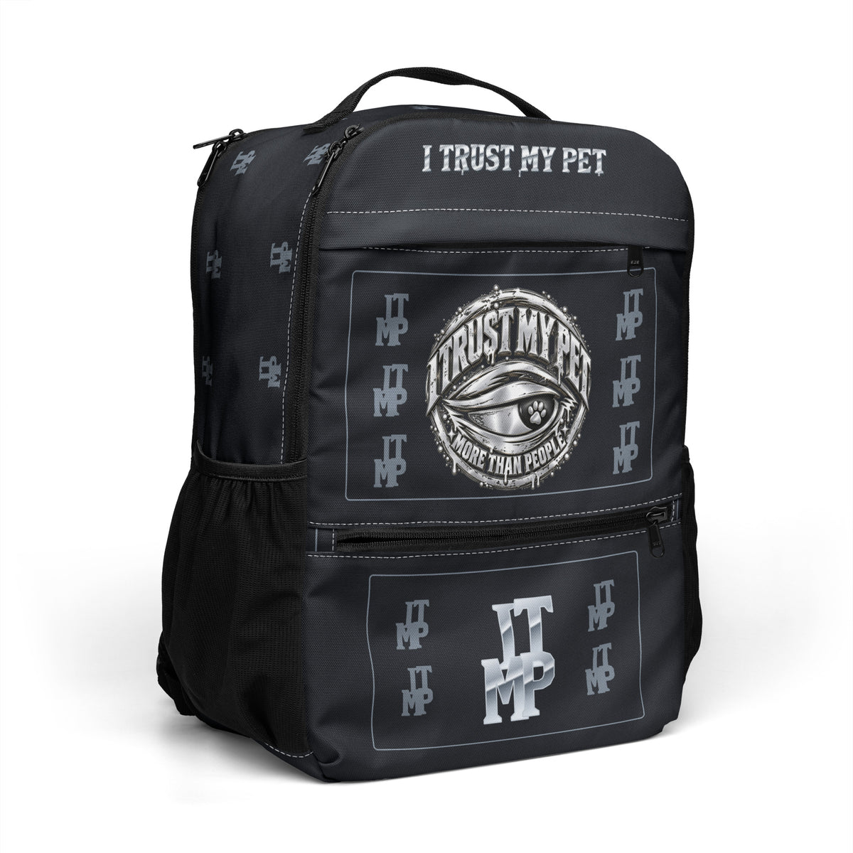 Black I Trust My Pet™ Silver Signature Utility Backpack with white trim, angled front view showing the original silver-look crest and right-side monogram detail