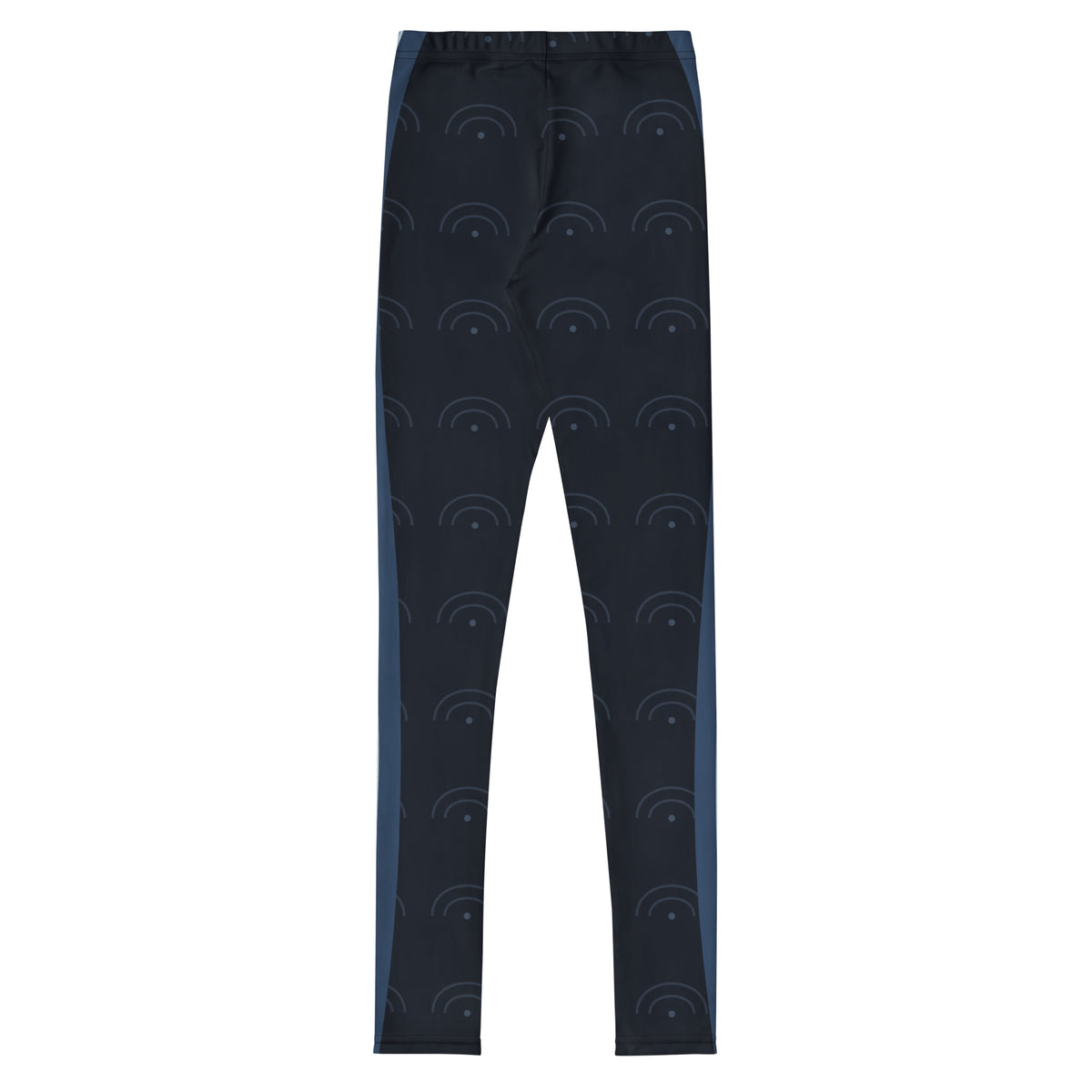 Black and blue Orbit Club youth leggings, back showing the continuous orbit pattern and blue accents down both legs