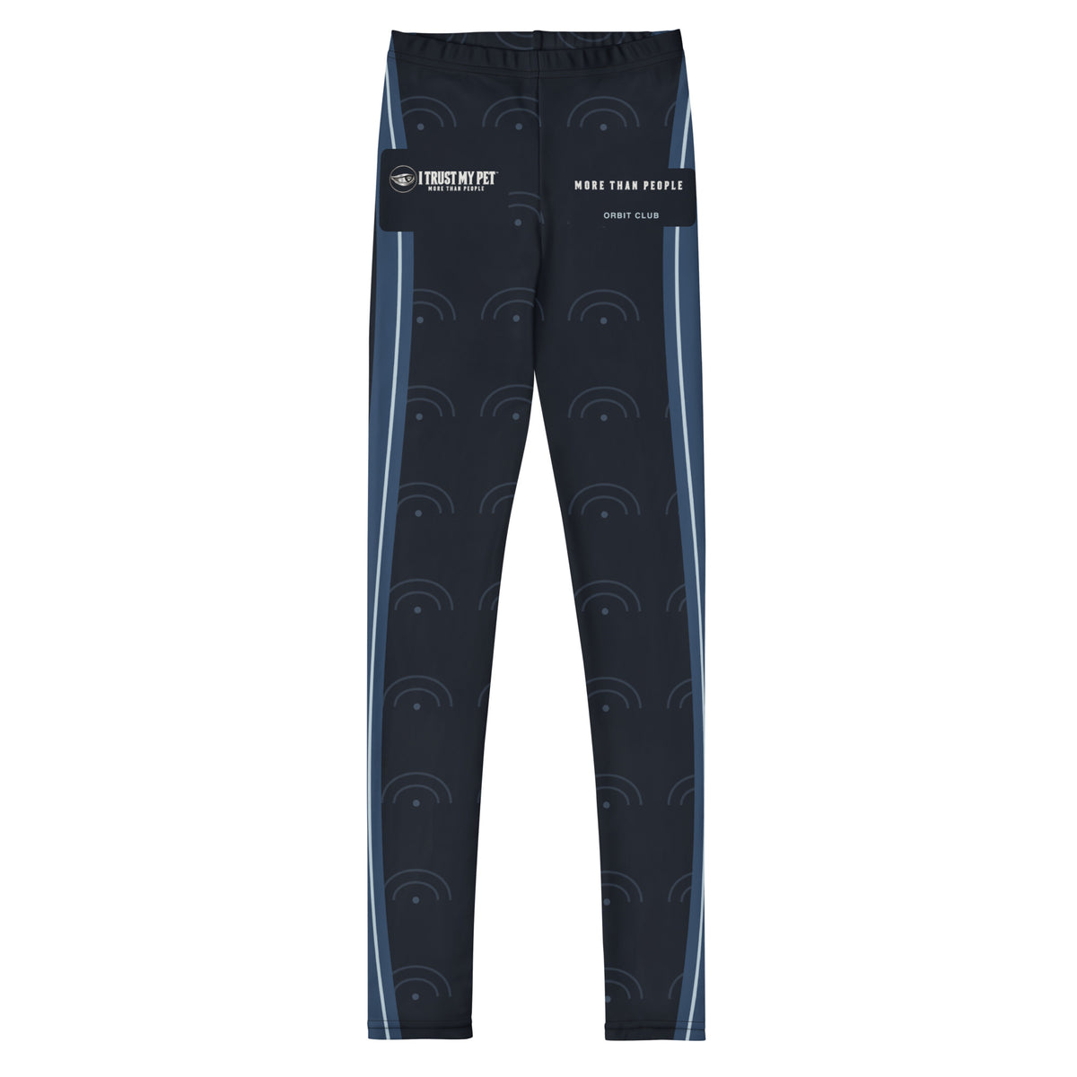 Black and blue Orbit Club youth leggings, front with complete I Trust My Pet™ logo, More than people lettering, orbit pattern and curved side accents