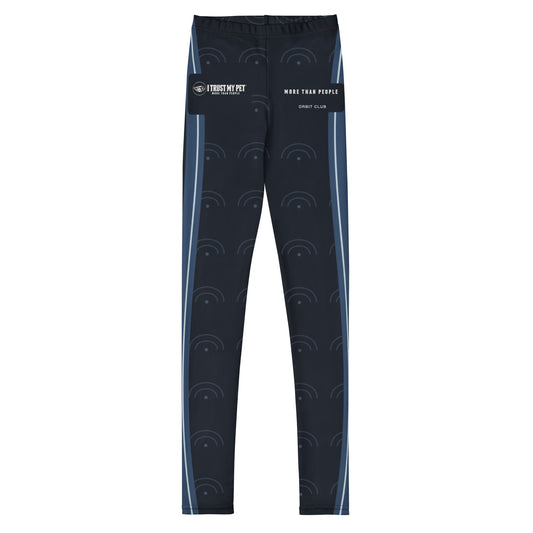Black and blue Orbit Club youth leggings, front with complete I Trust My Pet™ logo, More than people lettering, orbit pattern and curved side accents