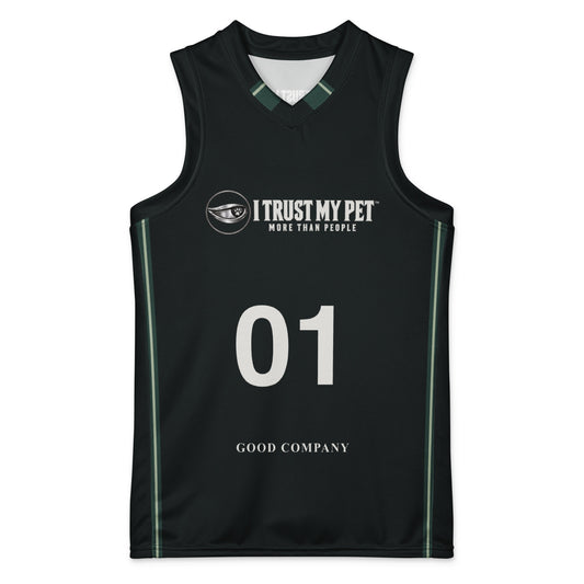 Black and forest Better Moves youth basketball jersey, front with complete I Trust My Pet™ logo, 01 and Good Company graphic