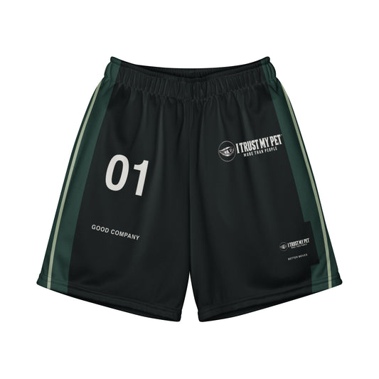 Black and forest Better Moves youth recycled mesh shorts, front with complete I Trust My Pet™ logo, 01 graphic and printed lower-leg branding